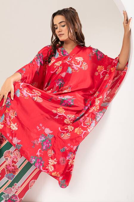 Shop_Ekavira_Red Crepe, Silk V-neck Sawani Floral Print Kaftan With Wrapped Palazzo _Online_at_Aza_Fashions