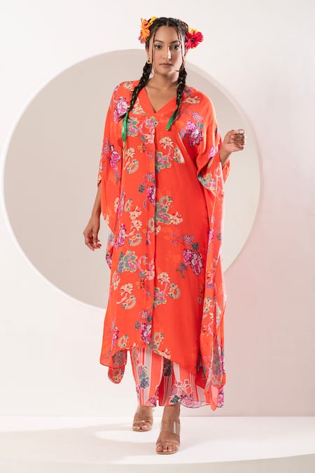 Ekavira Orange Crepe Silk Printed Mughal Floral V-neck Asymmetric Kaftan And Palazzo Set 