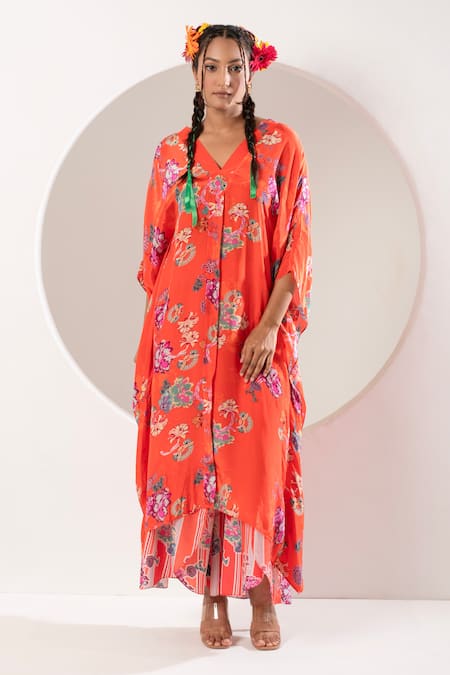 Shop Ekavira Orange V-neck Printed Asymmetric Kaftan And Palazzo Set at Aza Fashions Shop_Ekavira_Orange V-neck Printed Asymmetric Kaftan And Palazzo Set _at_Aza_Fashions
