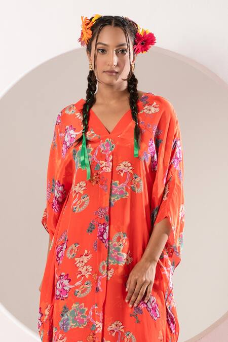 Ekavira Orange V-neck Printed Asymmetric Kaftan And Palazzo Set Online at Aza Fashions Ekavira_Orange V-neck Printed Asymmetric Kaftan And Palazzo Set _Online_at_Aza_Fashions