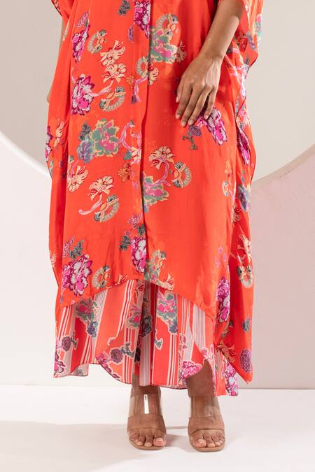 Buy Ekavira Orange V-neck Printed Asymmetric Kaftan And Palazzo Set Online at Aza Fashions Buy_Ekavira_Orange V-neck Printed Asymmetric Kaftan And Palazzo Set _Online_at_Aza_Fashions