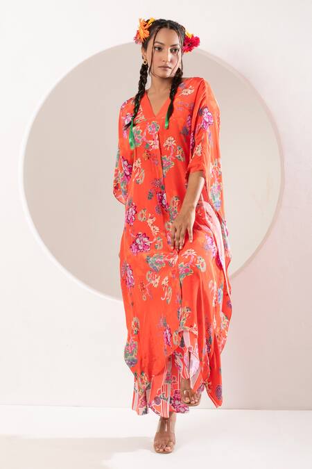 Shop Ekavira Orange V-neck Printed Asymmetric Kaftan And Palazzo Set Online at Aza Fashions Shop_Ekavira_Orange V-neck Printed Asymmetric Kaftan And Palazzo Set _Online_at_Aza_Fashions