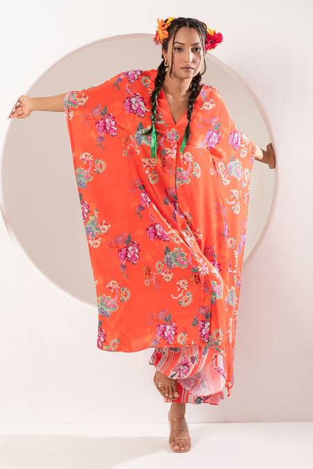 Ekavira Orange V-neck Printed Asymmetric Kaftan And Palazzo Set at Aza Fashions Ekavira_Orange V-neck Printed Asymmetric Kaftan And Palazzo Set _at_Aza_Fashions