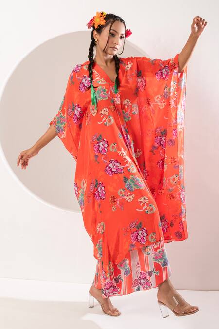 Buy Ekavira Orange V-neck Printed Asymmetric Kaftan And Palazzo Set Buy_Ekavira_Orange V-neck Printed Asymmetric Kaftan And Palazzo Set
