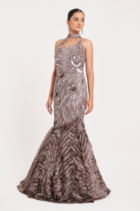 Buy_Chaashni By Maansi And Ketan_Pink Net, Fur, Lace Sequins, Beads Halter Neck Embellished Gown _Online_at_Aza_Fashions
