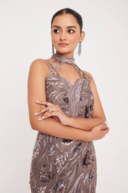 Shop_Chaashni By Maansi And Ketan_Pink Net, Fur, Lace Sequins, Beads Halter Neck Embellished Gown _Online_at_Aza_Fashions