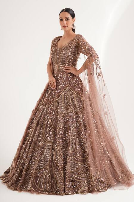 Buy_Chaashni By Maansi And Ketan_Brown Net Stones, Beads V-neck Cutdana And Embellished Flared Gown _Online_at_Aza_Fashions
