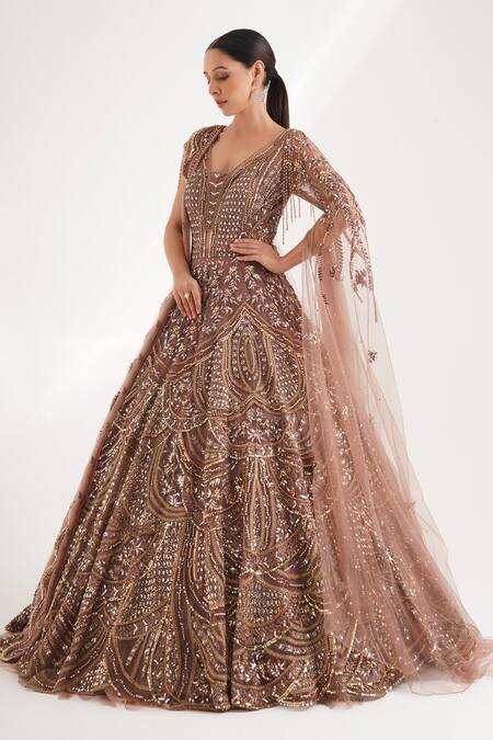 Shop_Chaashni By Maansi And Ketan_Brown Net Stones, Beads V-neck Cutdana And Embellished Flared Gown _Online_at_Aza_Fashions