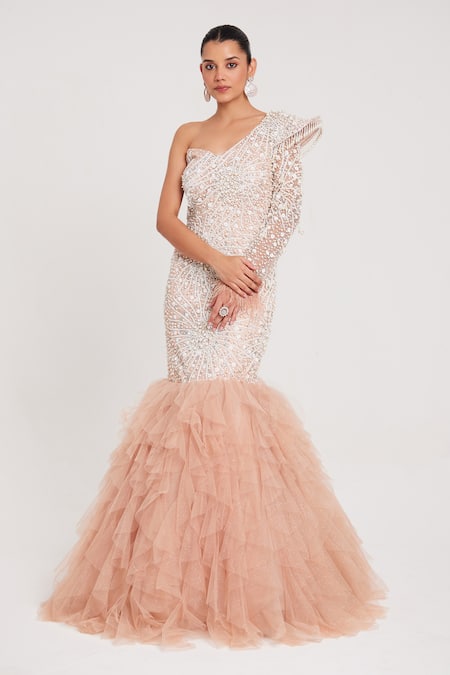 Buy Chaashni By Maansi And Ketan Beige Net, Fur, Lace, Gingham Pearls, Sequins, Cut Work Embellished Fishcut Gown Online at Aza Fashions Buy_Chaashni By Maansi And Ketan_Beige Net, Fur, Lace, Gingham Pearls, Sequins, Cut Work Embellished Fishcut Gown _Online_at_Aza_Fashions