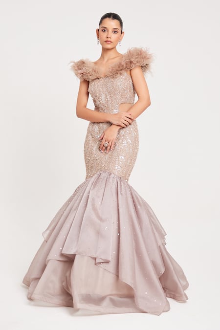 Chaashni by Maansi and Ketan Beige Textured Organza Embellished Sequin Fur Off-shoulder Fishcut Gown 