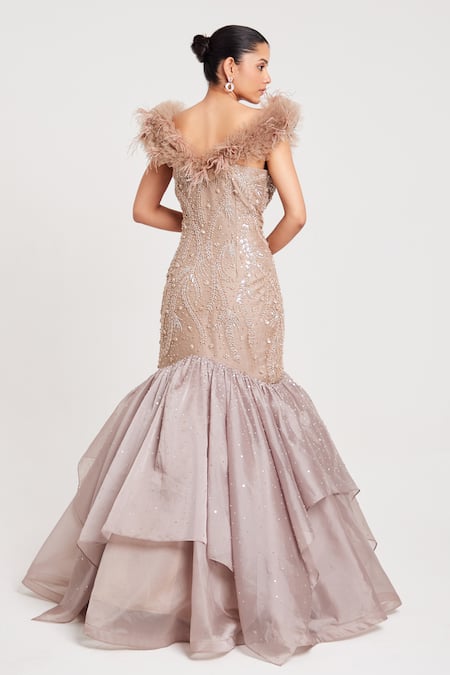 Chaashni By Maansi And Ketan Off-Shoulder Fishcut Embellished Gown 