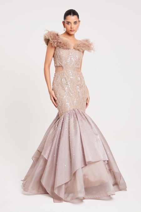 Buy_Chaashni By Maansi And Ketan_Beige Tissue, Organza Sequins, Pearls, Cut Work Fishcut Embellished Gown _Online_at_Aza_Fashions