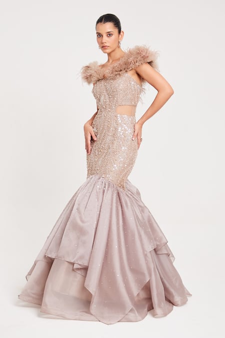 Shop_Chaashni By Maansi And Ketan_Beige Tissue, Organza Sequins, Pearls, Cut Work Fishcut Embellished Gown _Online_at_Aza_Fashions