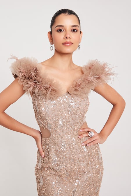 Chaashni By Maansi And Ketan_Beige Tissue, Organza Sequins, Pearls, Cut Work Fishcut Embellished Gown _at_Aza_Fashions