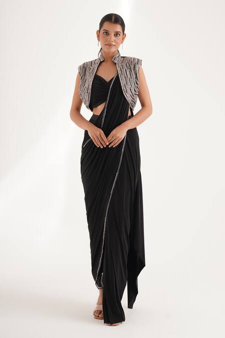 Buy_Chaashni By Maansi And Ketan_Black Lycra, Silk Embroidery, Cut Work, Pearls Pre-draped Saree With Jacket _Online_at_Aza_Fashions