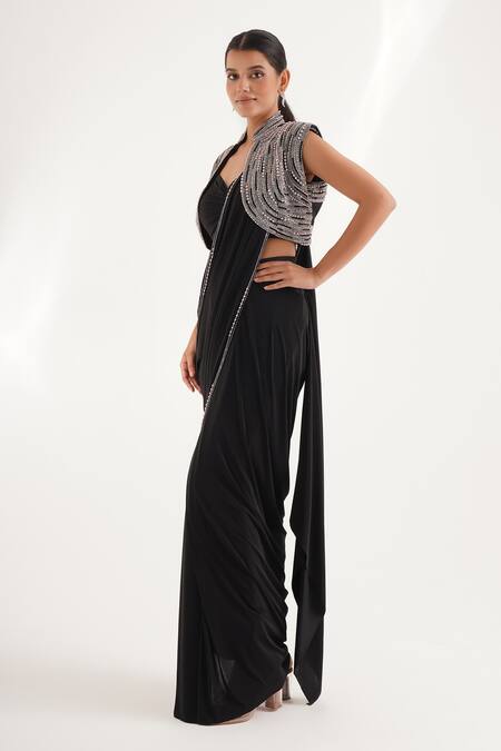 Shop_Chaashni By Maansi And Ketan_Black Lycra, Silk Embroidery, Cut Work, Pearls Pre-draped Saree With Jacket _Online_at_Aza_Fashions