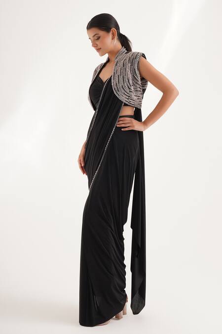 Chaashni By Maansi And Ketan_Black Lycra, Silk Embroidery, Cut Work, Pearls Pre-draped Saree With Jacket _at_Aza_Fashions