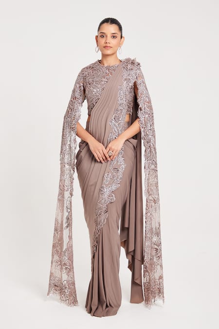 Chaashni by Maansi and Ketan Grey Balloon Lycra Embroidered Floral Cutwork Pre-draped Saree With Blouse 