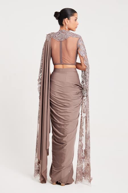 Chaashni By Maansi And Ketan Floral Cutwork Pre-Draped Saree With Blouse 