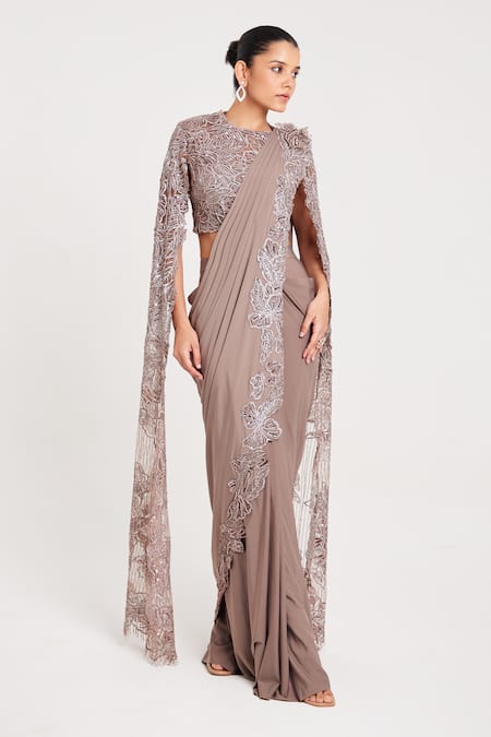 Chaashni By Maansi And Ketan_Grey Net, Lycra Cut Work, Beads, Floral Cutwork Pre-draped Saree With Blouse _Online_at_Aza_Fashions