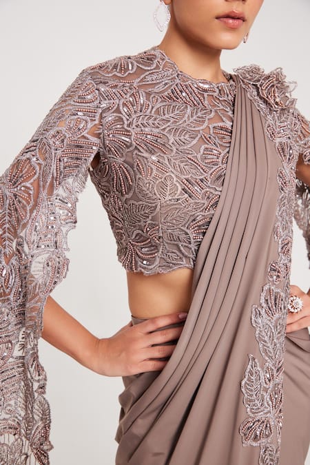 Buy_Chaashni By Maansi And Ketan_Grey Net, Lycra Cut Work, Beads, Floral Cutwork Pre-draped Saree With Blouse _Online_at_Aza_Fashions