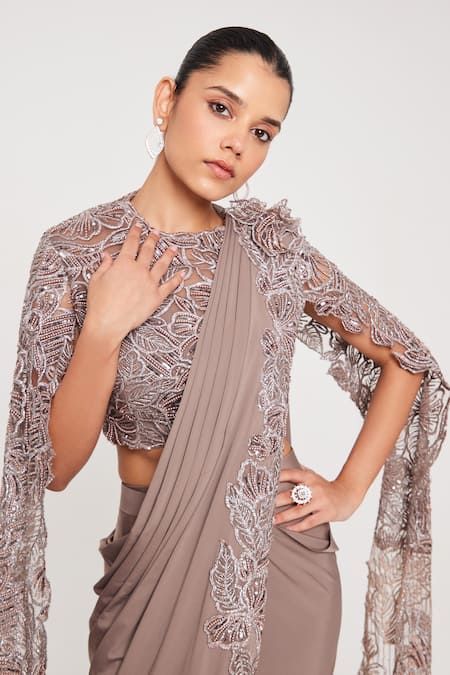 Shop_Chaashni By Maansi And Ketan_Grey Net, Lycra Cut Work, Beads, Floral Cutwork Pre-draped Saree With Blouse _Online_at_Aza_Fashions