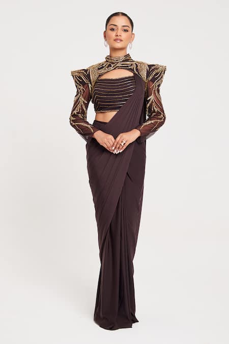 Chaashni by Maansi and Ketan Pre-Draped Saree With Nalki Dabka Work Cape 