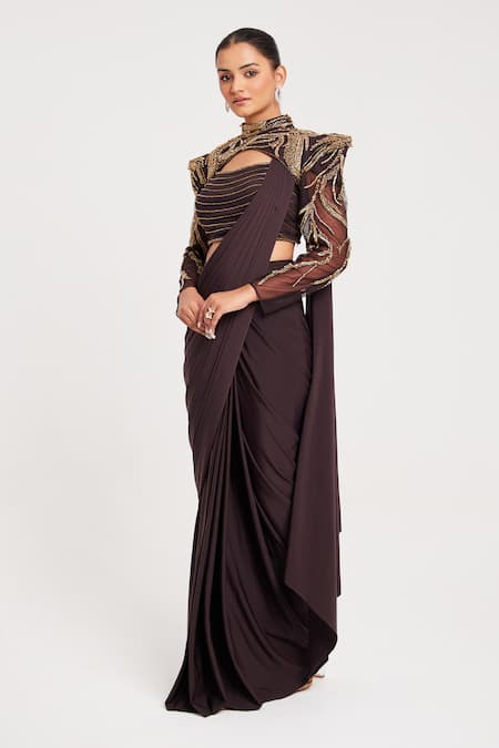 Buy_Chaashni By Maansi And Ketan_Brown Organza, Lycra Beads, Sequins Pre-draped Saree With Nalki Dabka Work Cape _Online_at_Aza_Fashions