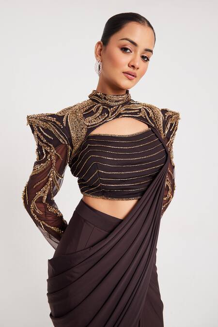 Shop_Chaashni By Maansi And Ketan_Brown Organza, Lycra Beads, Sequins Pre-draped Saree With Nalki Dabka Work Cape _Online_at_Aza_Fashions