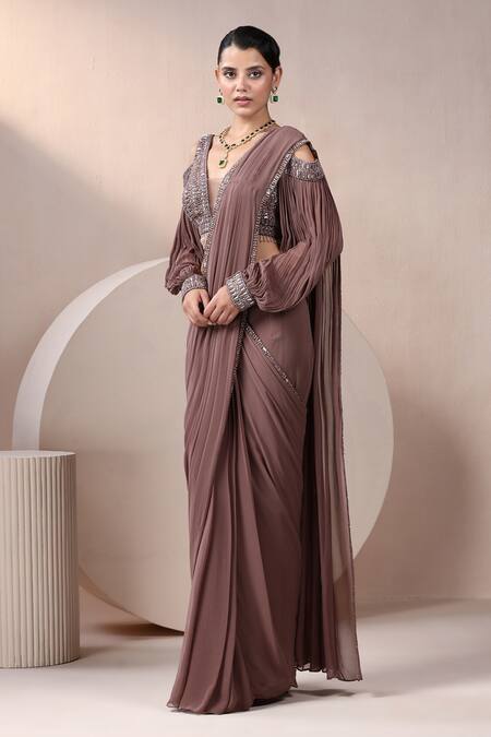 Buy_Chaashni By Maansi And Ketan_Pink Georgette, Net Sequins, Cut Embellished Border Pre-draped Saree With Blouse _Online_at_Aza_Fashions