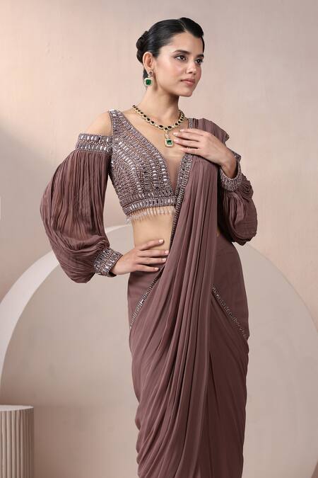 Shop_Chaashni By Maansi And Ketan_Pink Georgette, Net Sequins, Cut Embellished Border Pre-draped Saree With Blouse _Online_at_Aza_Fashions