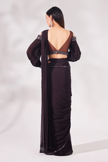 Shop_Chaashni By Maansi And Ketan_Brown Net, Georgette Sequins, Embellished Border Pre-draped Saree With Blouse _at_Aza_Fashions