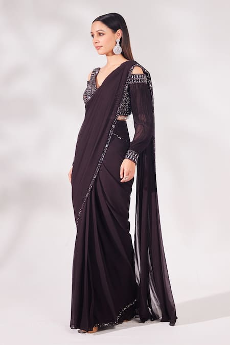 Chaashni By Maansi And Ketan_Brown Net, Georgette Sequins, Embellished Border Pre-draped Saree With Blouse _Online_at_Aza_Fashions