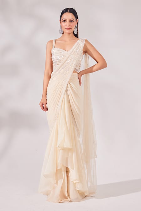 Chaashni by Maansi and Ketan Pearl & Cutdana Work Pre-Draped Saree With Blouse 