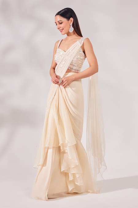 Chaashni By Maansi And Ketan_Ivory Net, Satin, Georgette, Organza And Cutdana Pre-draped Saree With Blouse _Online_at_Aza_Fashions