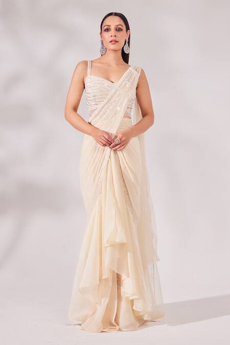 Buy_Chaashni By Maansi And Ketan_Ivory Net, Satin, Georgette, Organza And Cutdana Pre-draped Saree With Blouse _Online_at_Aza_Fashions