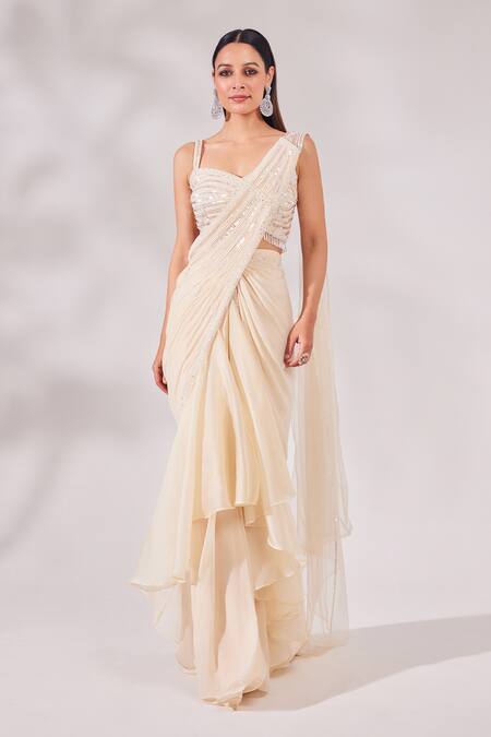 Shop_Chaashni By Maansi And Ketan_Ivory Net, Satin, Georgette, Organza And Cutdana Pre-draped Saree With Blouse _Online_at_Aza_Fashions