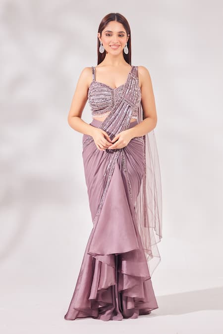 Chaashni by Maansi and Ketan Purple Net Embroidered Pearl Sweetheart And Cutdana Pre-draped Saree With Blouse 