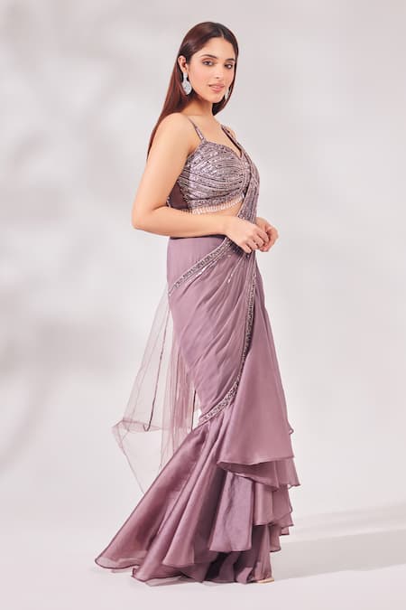 Buy_Chaashni By Maansi And Ketan_Purple Net, Satin, Organza And Cutdana Embroidered Pre-draped Saree With Blouse _Online_at_Aza_Fashions