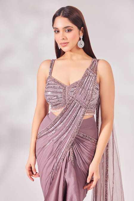 Shop_Chaashni By Maansi And Ketan_Purple Net, Satin, Organza And Cutdana Embroidered Pre-draped Saree With Blouse _Online_at_Aza_Fashions