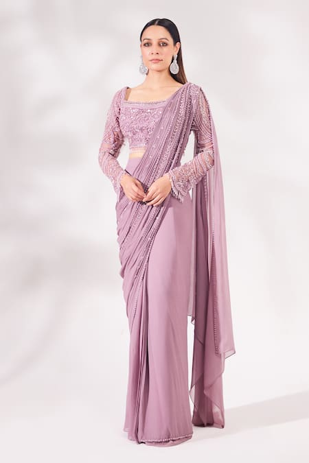 Chaashni by Maansi and Ketan Purple Net Embroidered Pearl Square And Bead Pre-draped Saree With Blouse 