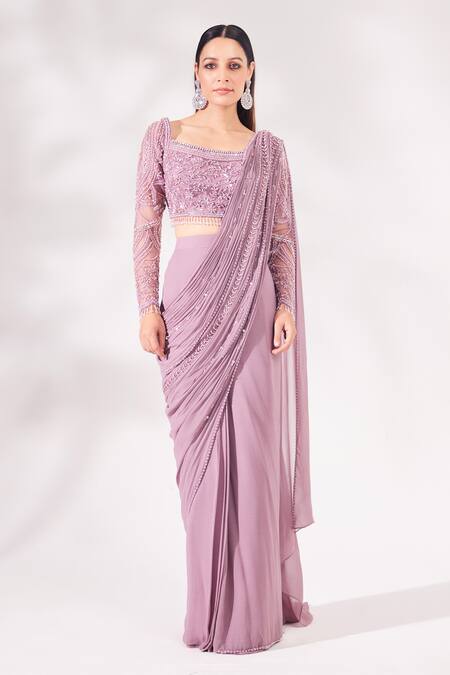 Chaashni By Maansi And Ketan_Purple Net, Georgette Pearls, Sequins Square And Bead Pre-draped Saree With Blouse _Online_at_Aza_Fashions