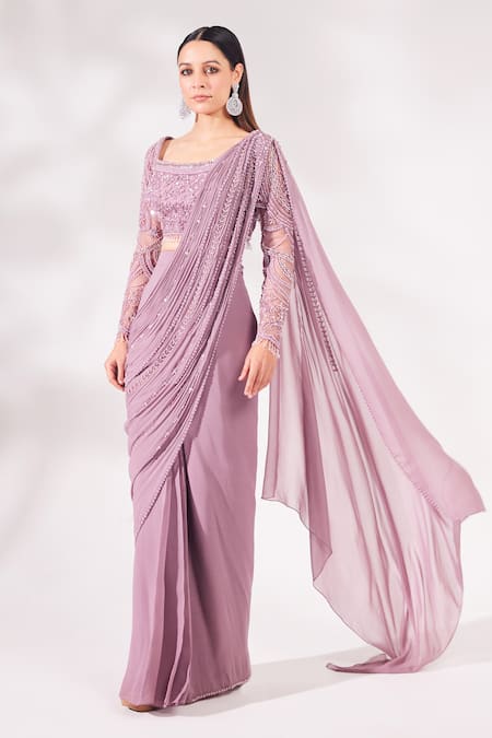 Buy_Chaashni By Maansi And Ketan_Purple Net, Georgette Pearls, Sequins Square And Bead Pre-draped Saree With Blouse _Online_at_Aza_Fashions