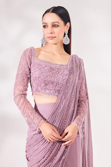 Chaashni By Maansi And Ketan_Purple Net, Georgette Pearls, Sequins Square And Bead Pre-draped Saree With Blouse _at_Aza_Fashions