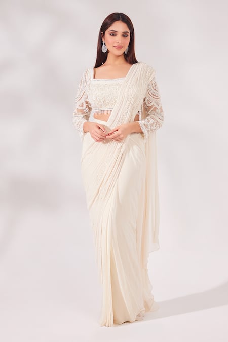 Chaashni by Maansi and Ketan Off White Net Embroidered Pearl Square Bead And Work Pre-draped Saree With Blouse 