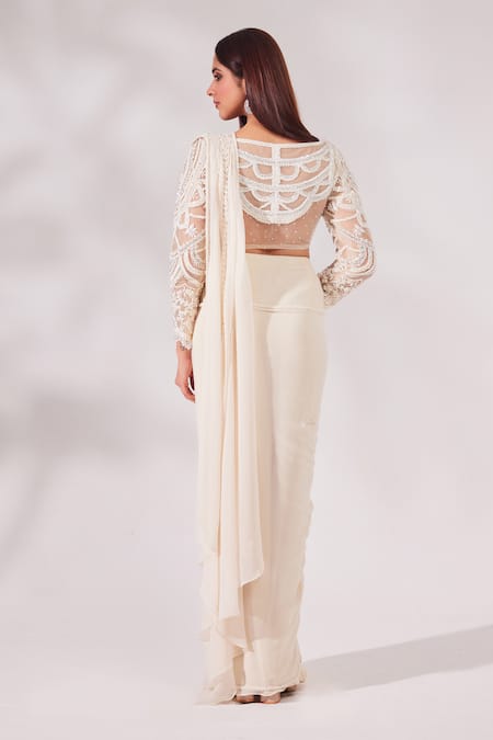 Chaashni By Maansi And Ketan Bead & Pearl Work Pre-Draped Saree With Blouse 