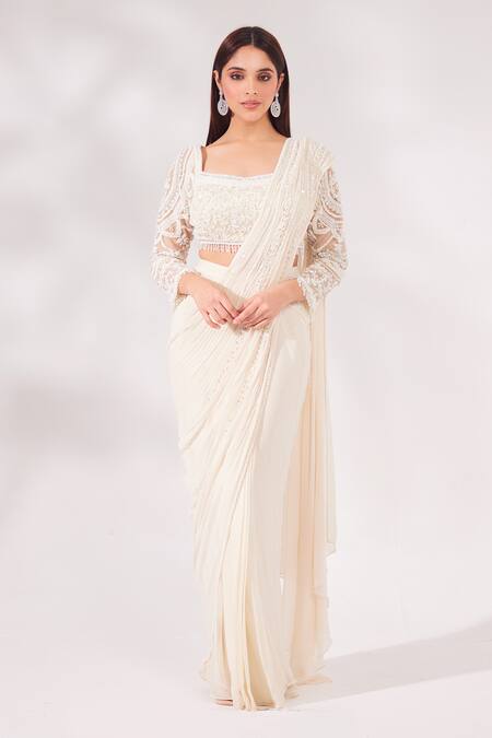 Chaashni By Maansi And Ketan_Off White Satin, Organza, Net, Georgette Bead And Pre-draped Saree With Blouse _Online_at_Aza_Fashions