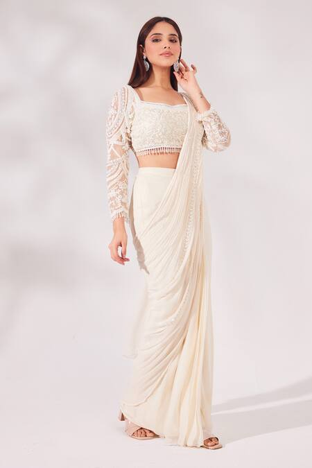 Buy_Chaashni By Maansi And Ketan_Off White Satin, Organza, Net, Georgette Bead And Pre-draped Saree With Blouse _Online_at_Aza_Fashions