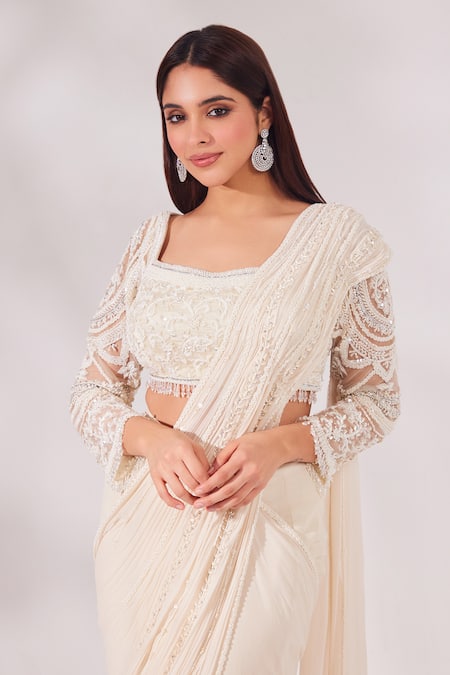 Chaashni By Maansi And Ketan_Off White Satin, Organza, Net, Georgette Bead And Pre-draped Saree With Blouse _at_Aza_Fashions