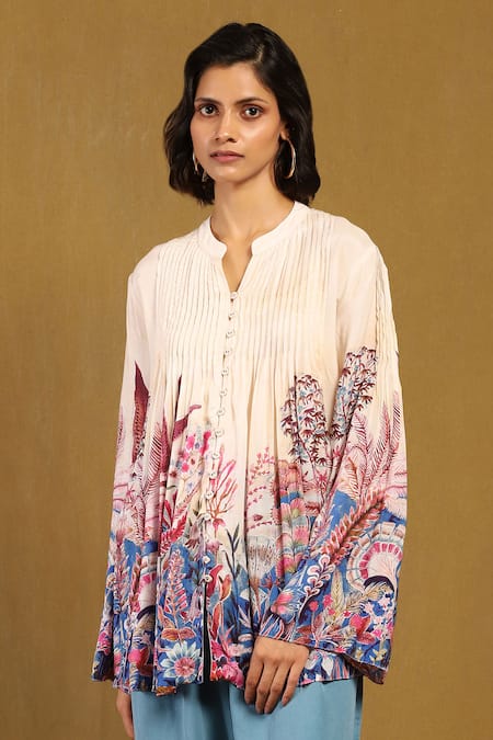 Ritu Kumar Off White 100% Viscose Digital Print Paradise Band V Collar Pintucked Shirt 